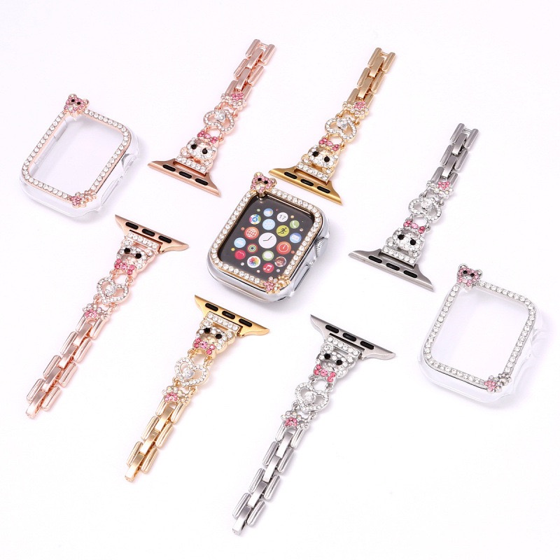 Alloy Watch Band Set Bear Rhinestone Metal Strap + Case Set for Apple Watch All Series