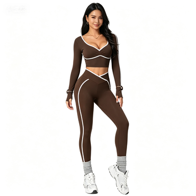 Yoga & Activewear Women's Contrast-Trim U-Neck Long-Sleeve Yoga Set
