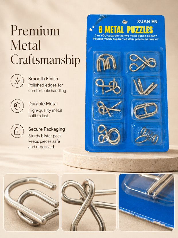 Puzzle Lock 8-Piece Extended Blue Brain Teaser Metal Puzzle Set with Blister Card Packaging