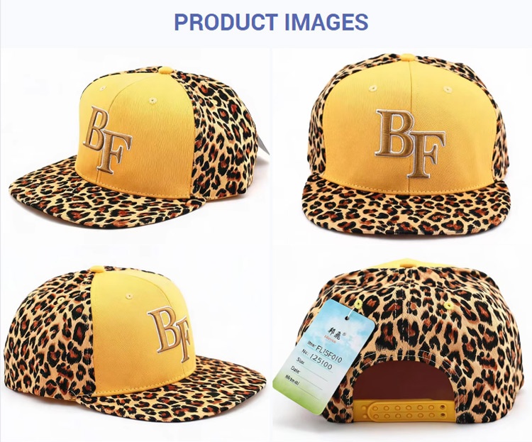 Flat Brim Caps Yellow BF 3D Embroidered Leopard Print Spliced Flat Brim Baseball Cap Unisex Hip-Hop Streetwear Adjustable Snapback Hat