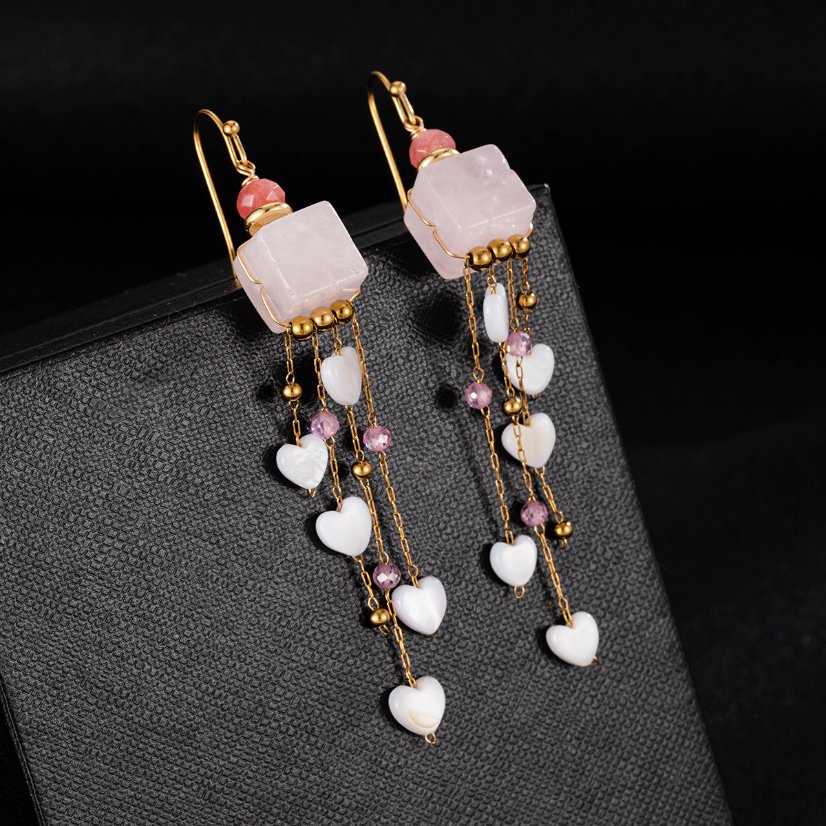 Stainless steel necklace 18K Gold Plated Pink Quartz Heart Tassel Jewelry Set, Necklace & Earrings