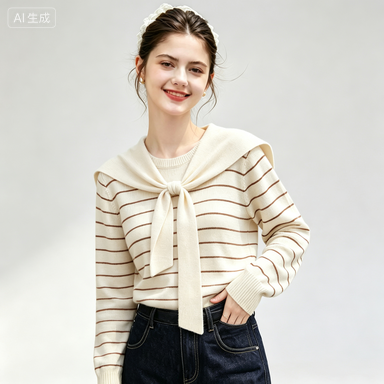 Women's Knitwear Women's French-Style Striped Knit Top with Tie-Shoulder Wrap