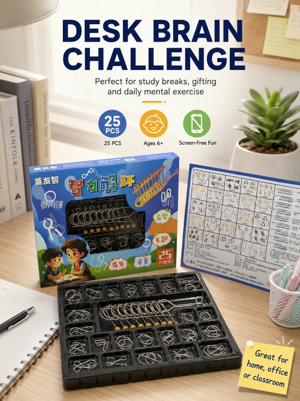 Nine Linked Rings (China Ring) 25-Piece Brain Teaser Metal Puzzle Set Gift Box