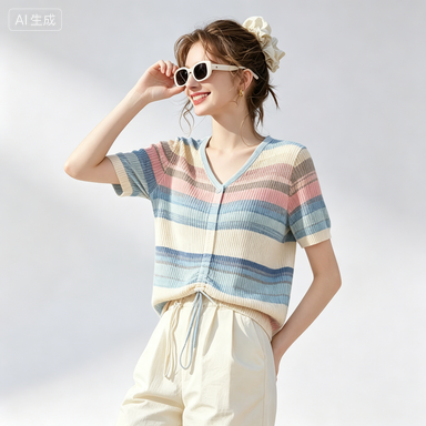 Women's Knitwear Women's Drawstring V-Neck Rainbow-Stripe Knit Top