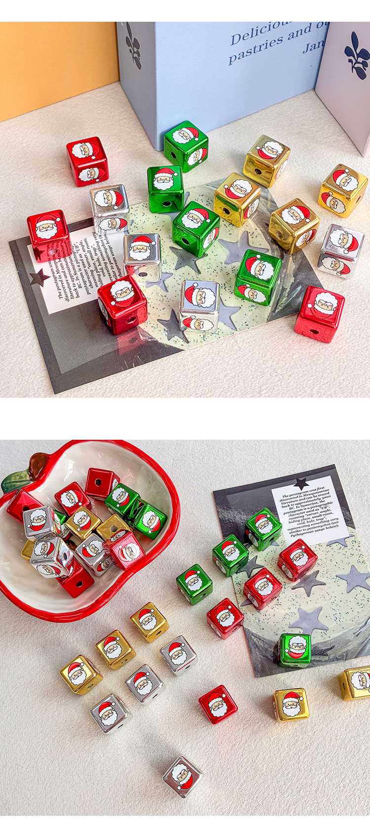 Printed bead Christmas-themed cube beads