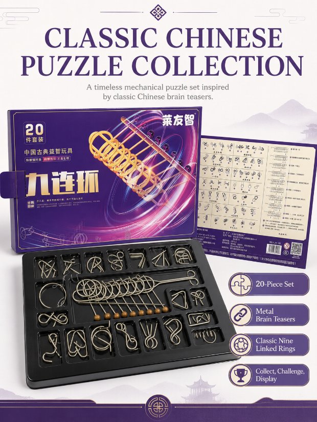 Nine Linked Rings (China Ring) 20-piece Gift Set of Chinese Ring Puzzle Brain Teasers