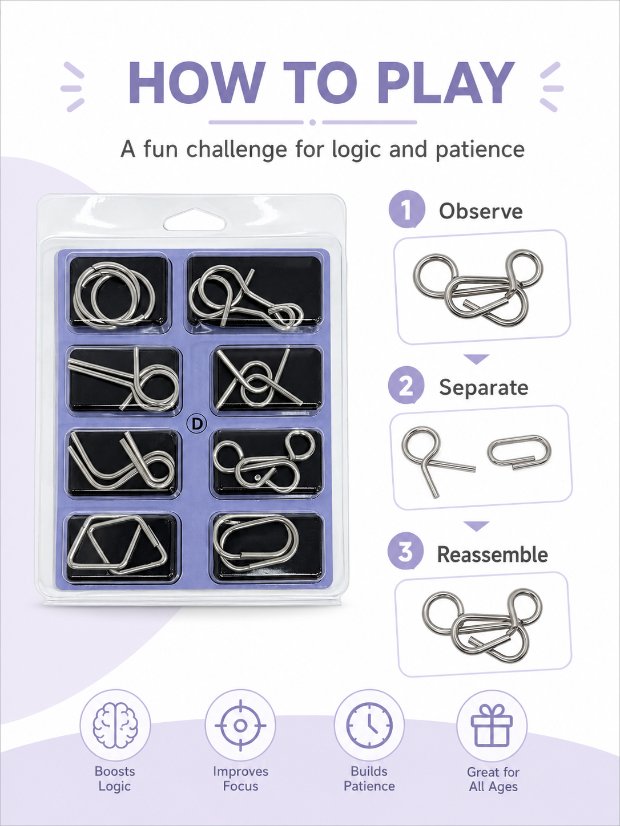 Puzzle Lock 8-Piece Set D of Intellectual Unlocking Puzzle Blister Pack