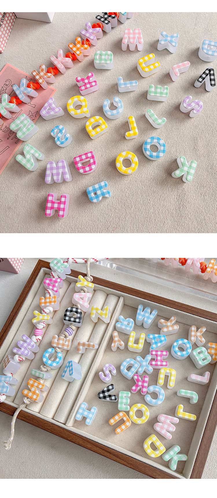 Printed bead Checkered printed alphabet beads