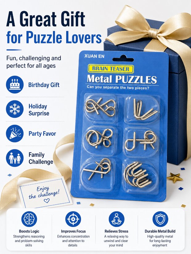 Puzzle Lock 6-Piece Intelligence Disentanglement Puzzle Blister Card Set (Blue Version)