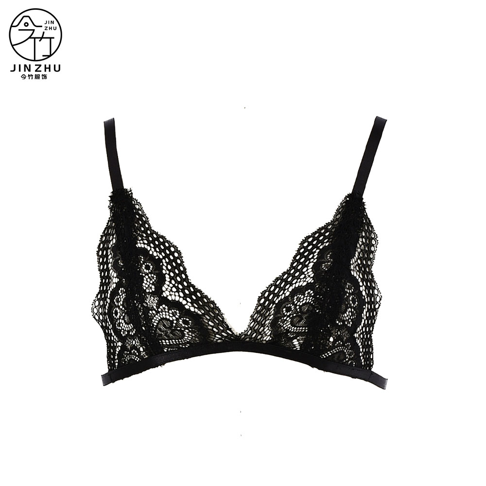 女士上衣 Black Floral Lace Triangle Bra – Wire-Free Sheer Lace Lingerie