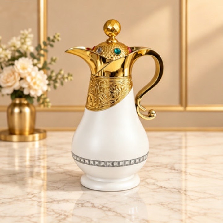 Kettle Ornate Gold Vacuum Flask with Gem Lid, Decorative Handle Thermal Carafe