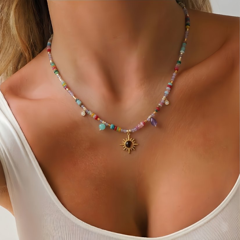 Stainless steel necklace Boho Natural Mixed Stone Sun Pendant Choker Necklace