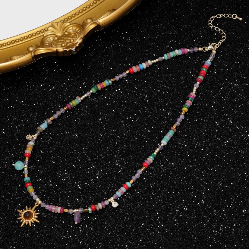 Stainless steel necklace Boho Natural Mixed Stone Sun Pendant Choker Necklace