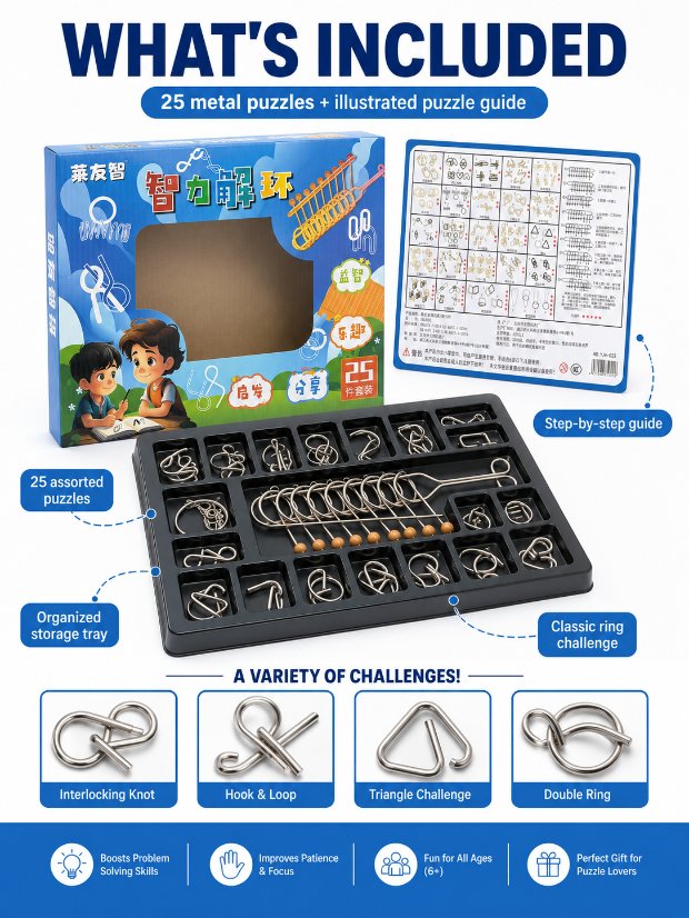 Nine Linked Rings (China Ring) 25-Piece Brain Teaser Metal Puzzle Set Gift Box