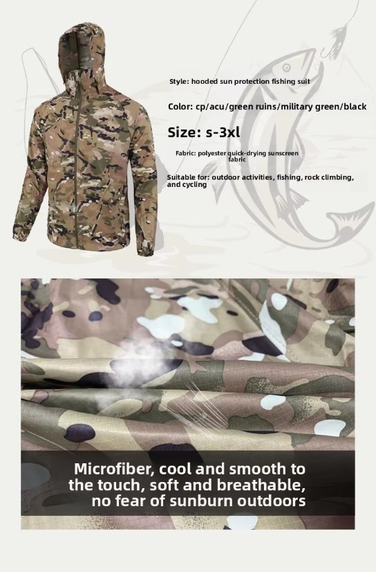 Sun-protective clothing Cycling Tactical Camo Sun Protection Pilot Jacket – Relaxed Plus-Size Hooded Summer Lightweight Outdoor Skin Suit