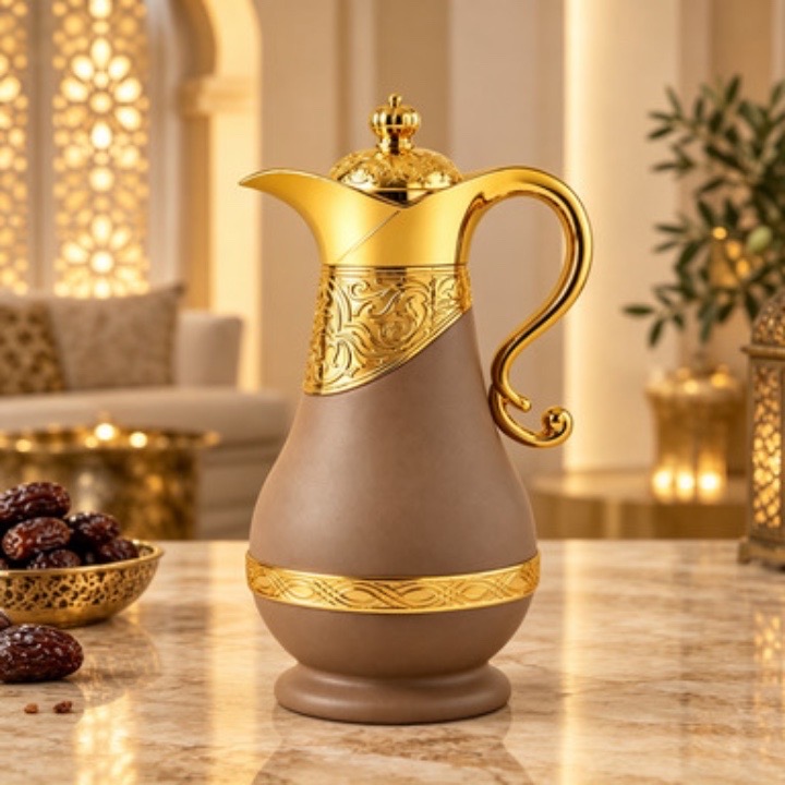 Kettle Ornate Gold Vacuum Flask with Gem Lid, Decorative Handle Thermal Carafe