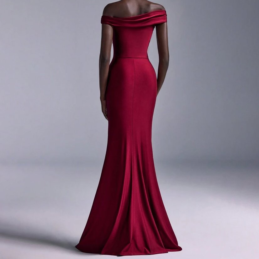 Evening Gowns 6513 Burgundy Off-Shoulder Satin Mermaid Gown