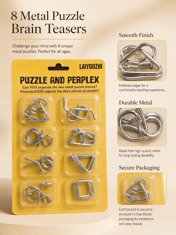 Puzzle Lock 8-Piece Yellow Suction Card Brain Teaser Metal Puzzles Set