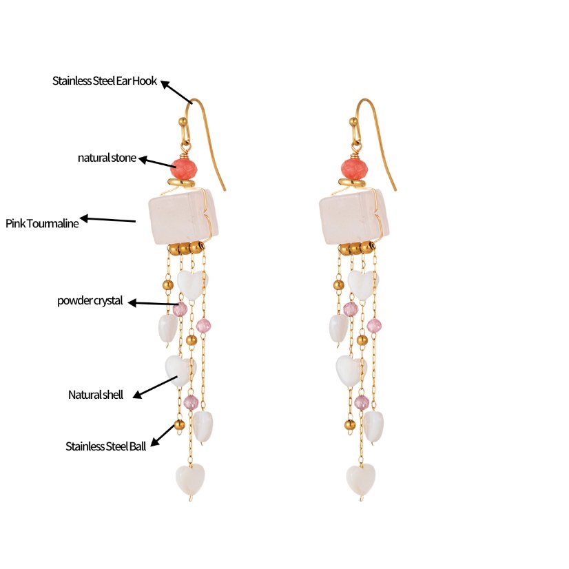 Stainless steel necklace 18K Gold Plated Pink Quartz Heart Tassel Jewelry Set, Necklace & Earrings