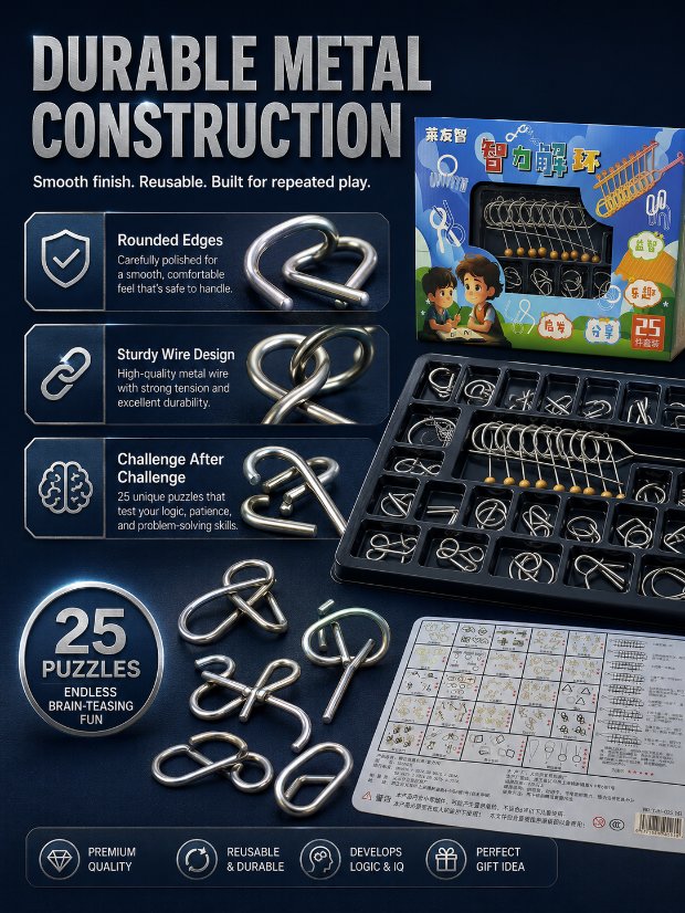 Nine Linked Rings (China Ring) 25-Piece Brain Teaser Metal Puzzle Set Gift Box