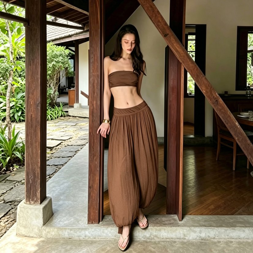 Two-Piece Sets 7132 Strapless Crop Top and Balloon-Leg Pants Set
