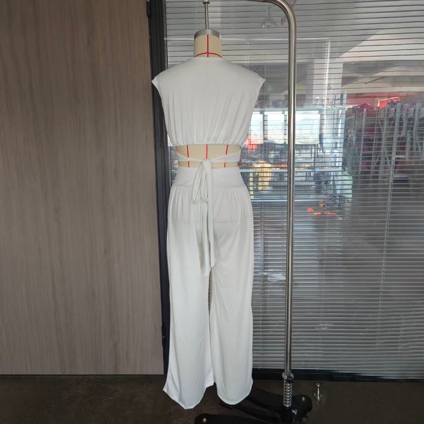 Two-Piece Sets 7181 Sleeveless Crop Top and Wide-Leg Pants Set