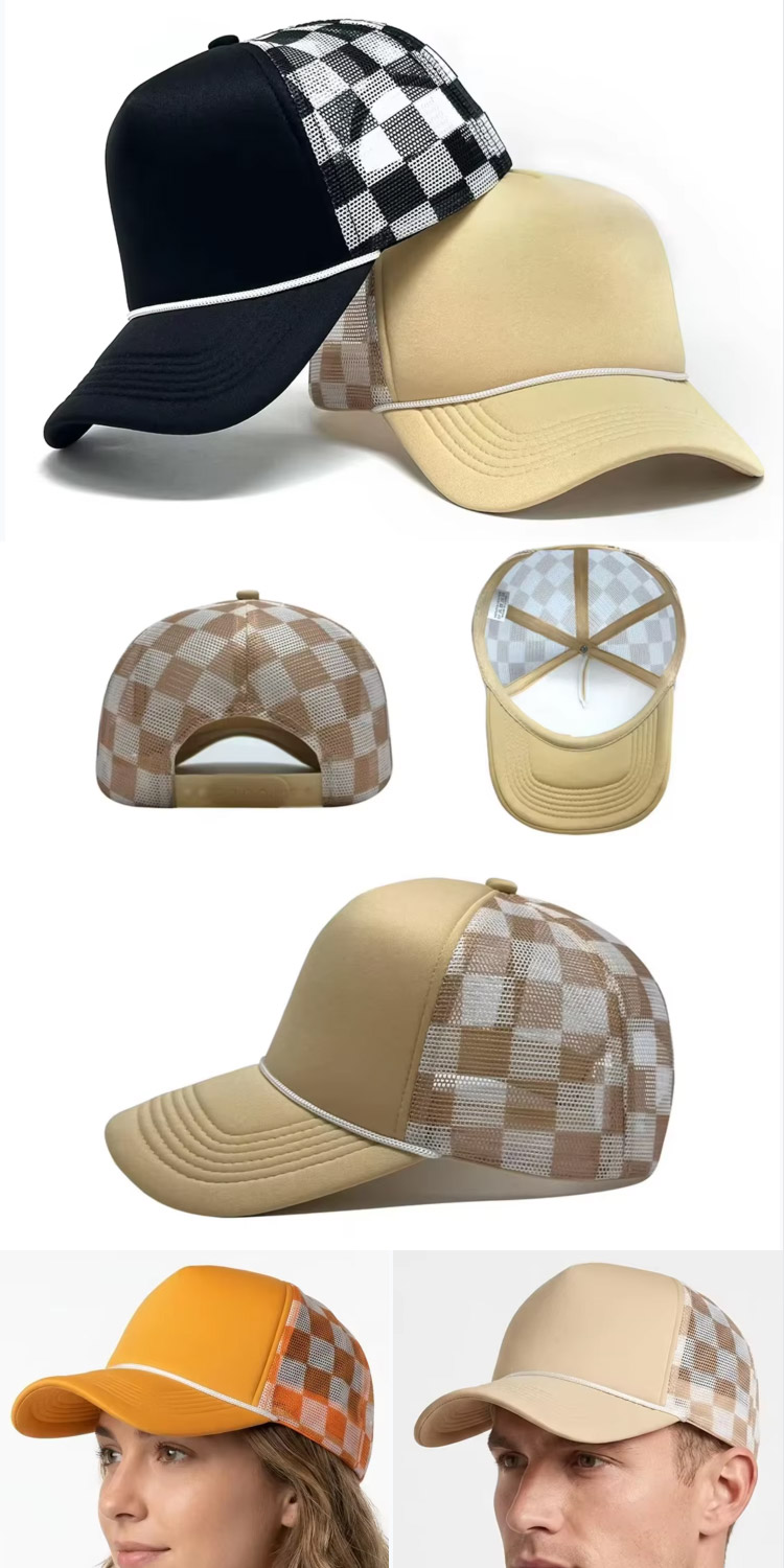Trucker Caps Foam Checkered Trucker Hat Plaid Blank Rope Curved Brim Adjustable Mesh Baseball Cap