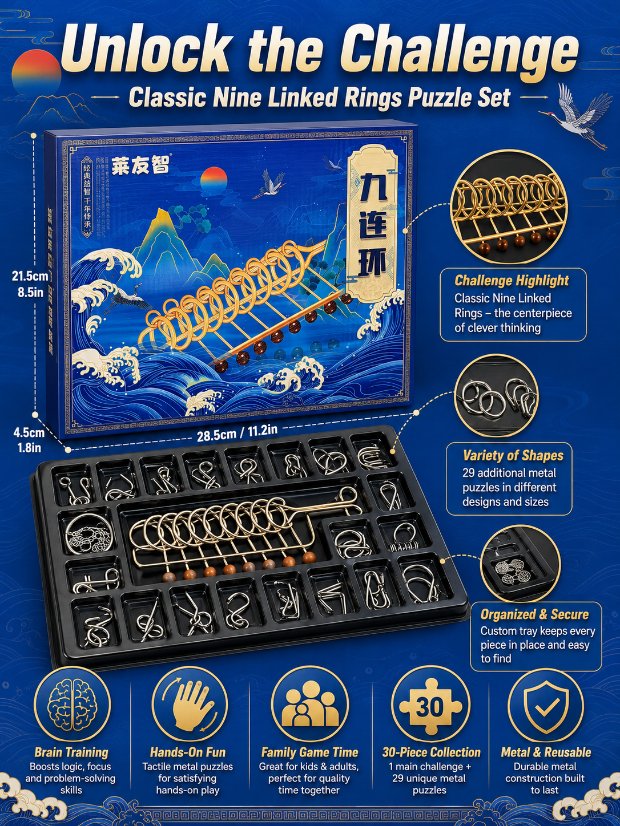 Nine Linked Rings (China Ring) 30-piece Gift Box of Chinese Ring Puzzle Brain Teaser Metal Disentanglement Puzzles