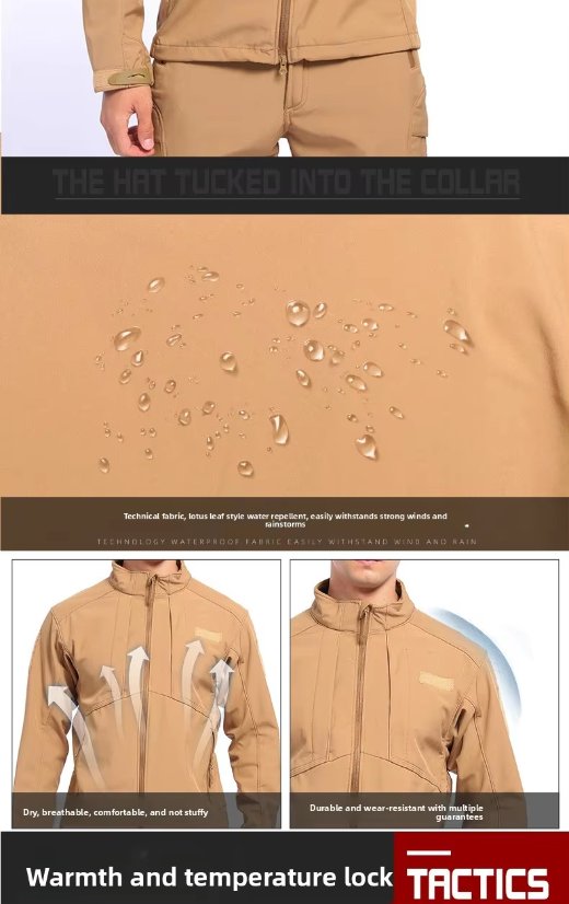 Hardshell Jacket Autumn/Winter Coated Sports Fleece Jacket – Relaxed Tactical Windproof Water-Resistant Warm Collar Outdoor Hiking Thickened Trekking Wear