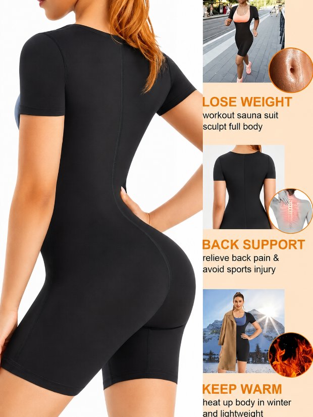 jumpsuit- 3 in 1 waist trimmer shaper Sauna Suit for Women Full Body Waist Trainer Short Sleeve Sweat Suit with Shorts Full Body Shaper