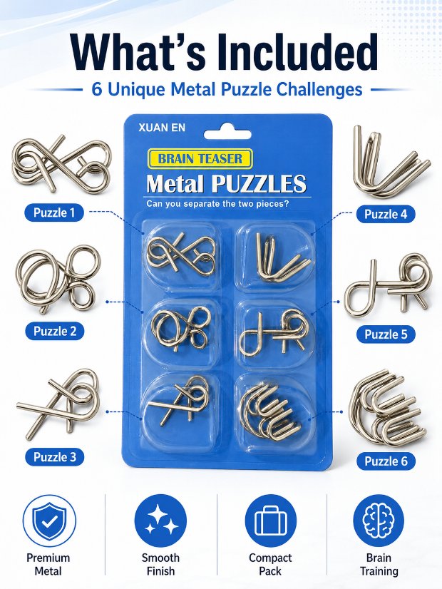 Puzzle Lock 6-Piece Intelligence Disentanglement Puzzle Blister Card Set (Blue Version)