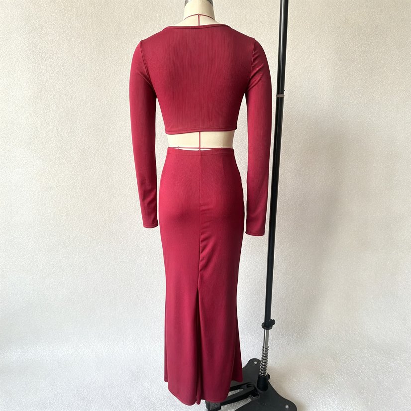Two-Piece Sets 6798 Ribbed Square-Neck Crop Top and Fishtail Skirt Set