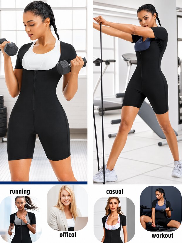 jumpsuit- 3 in 1 waist trimmer shaper Sauna Suit for Women Full Body Waist Trainer Short Sleeve Sweat Suit with Shorts Full Body Shaper