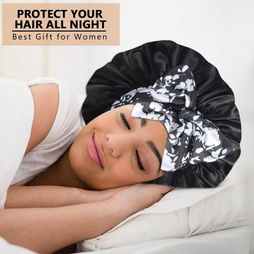 Bonnet Women's Tie‑Closure Printed Satin Sleep Bonnet, Non‑Slip Silky Hair Protection Night Cap