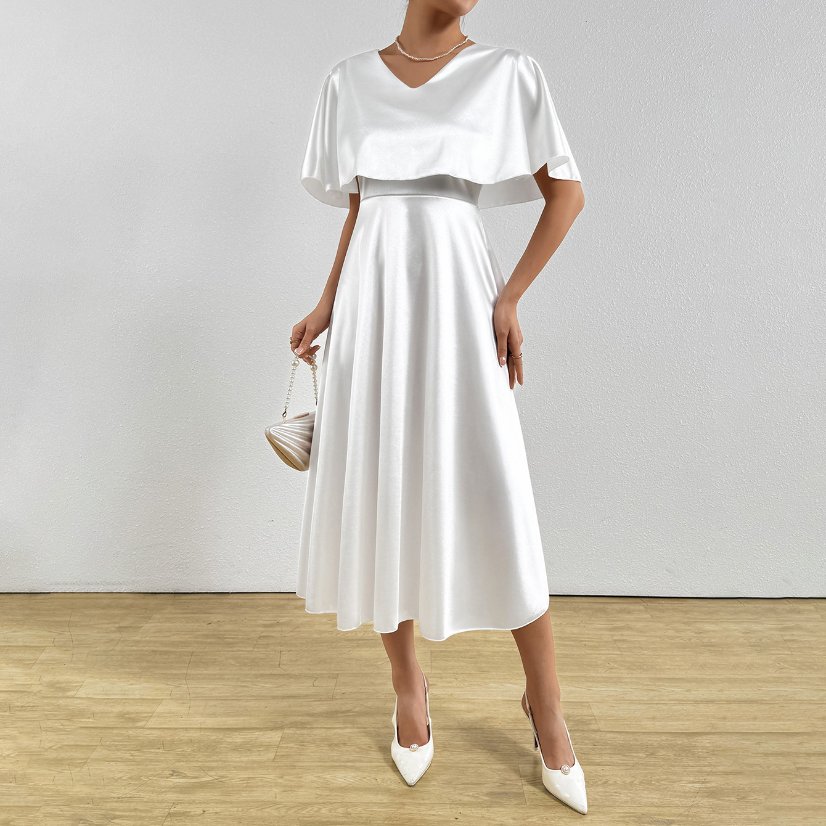 Dresses 6843 Satin Cape-Sleeve Formal Maxi Dress