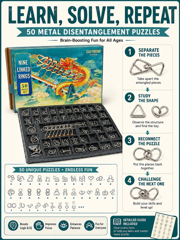 Nine Linked Rings （China Ring） 50-Piece Gift Set of Chinese Ring Puzzle Brain Teasers