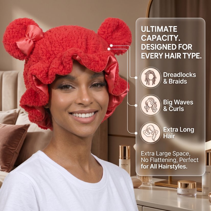 Bonnet Cute Bear Double-Layer Fleece Sleep Bonnet – Satin-Lined Winter Hair Care Sleep Cap