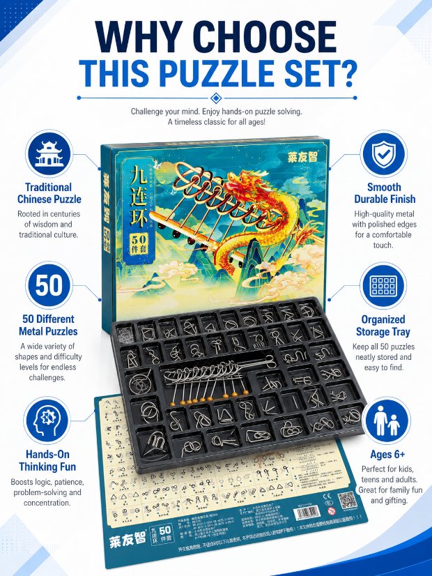 Nine Linked Rings （China Ring） 50-Piece Gift Set of Chinese Ring Puzzle Brain Teasers