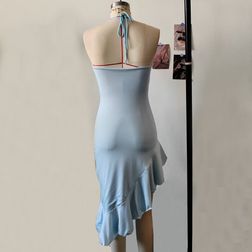 Dresses 6891 Light Blue Halter Dress with Asymmetric Ruffle Hem