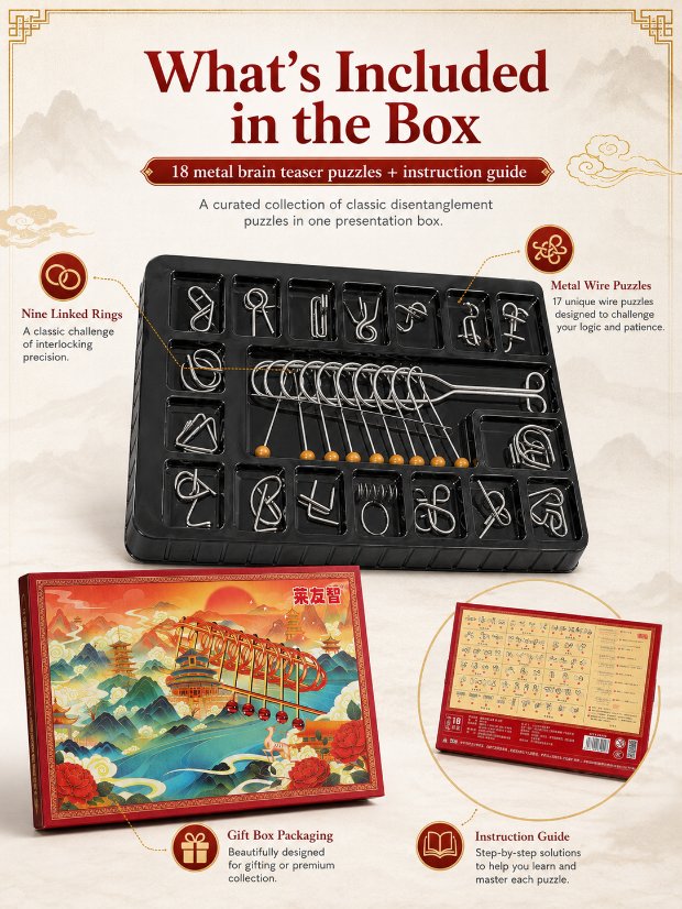 Nine Linked Rings (China Ring) 18-piece Gift Box Set of Chinese Ring Puzzle Brain Teasers