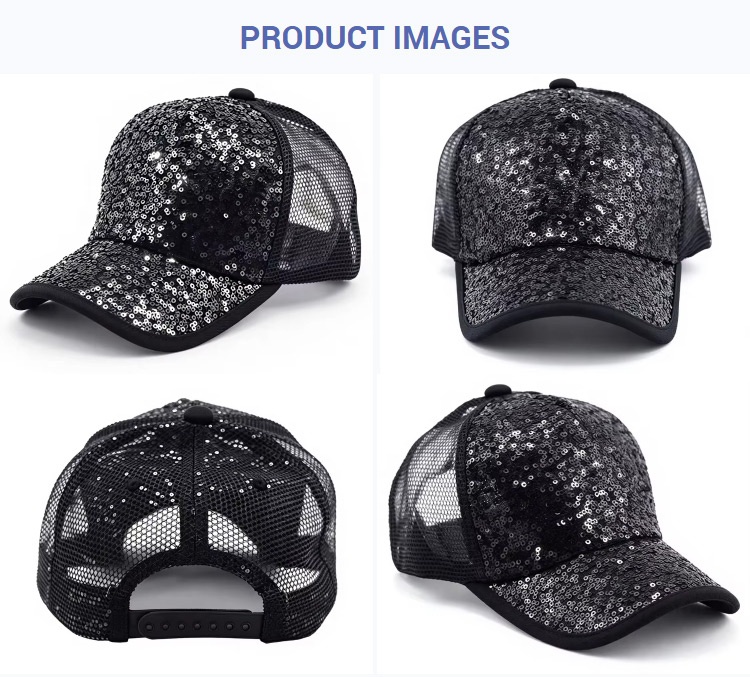 Trucker Caps Women Sparkly Sequin Adjustable Trucker Hat Glitter Casual Party Sequins Front Curved Bill Mesh Baseball Cap