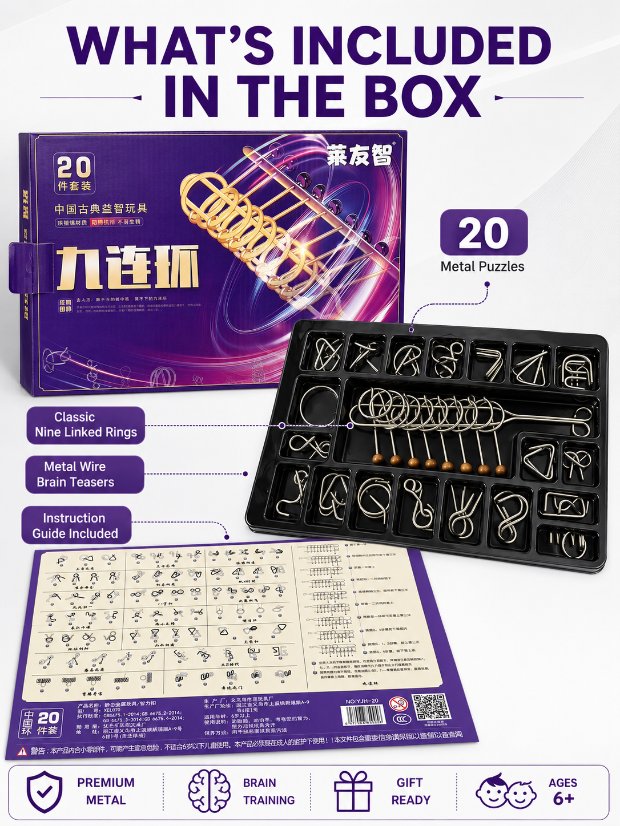Nine Linked Rings (China Ring) 20-piece Gift Set of Chinese Ring Puzzle Brain Teasers