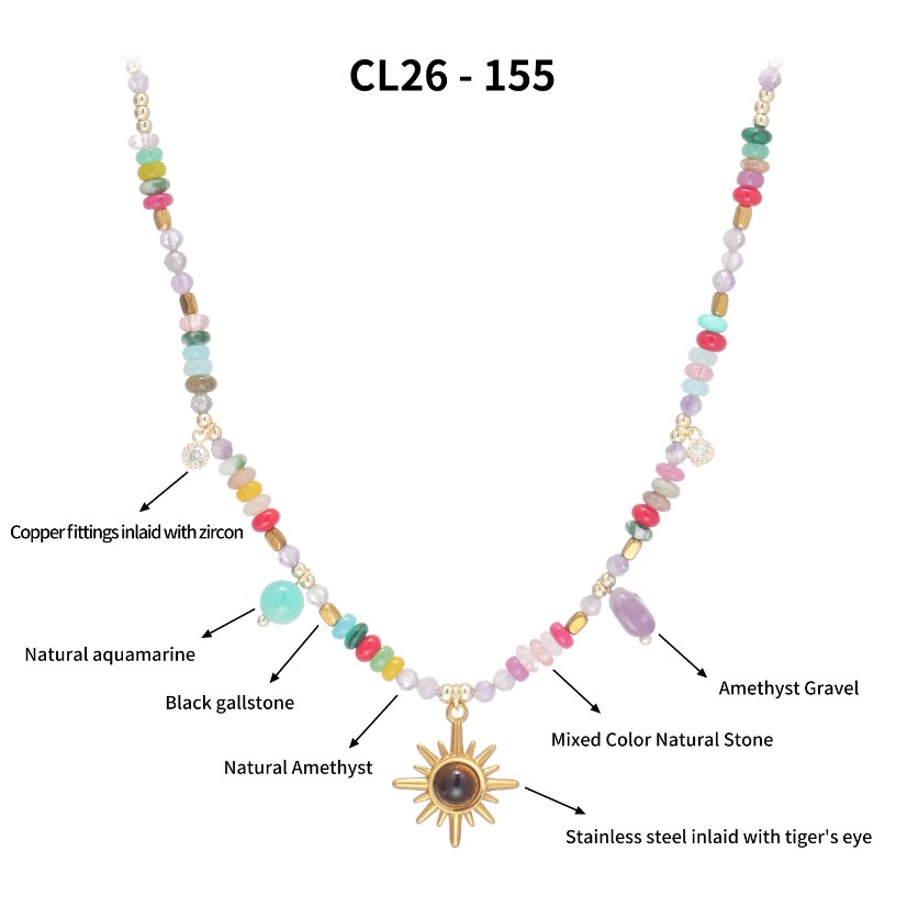Stainless steel necklace Boho Natural Mixed Stone Sun Pendant Choker Necklace