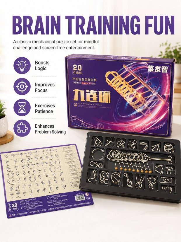 Nine Linked Rings (China Ring) 20-piece Gift Set of Chinese Ring Puzzle Brain Teasers