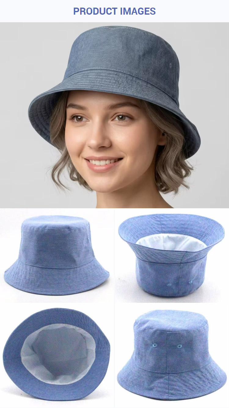 Bucket Hats Casual Unisex Light Blue Chambray Travel Beach Outdoor Bucket Cap Breathable Vent Eyelets Fisherman Hat