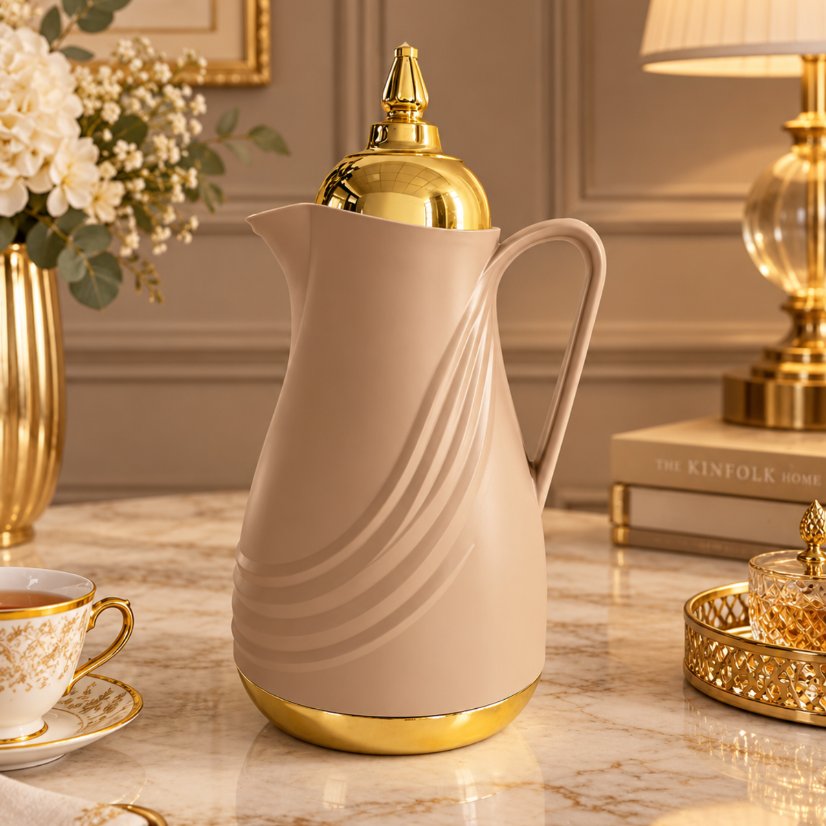 Kettle Modern Wave-Textured Vacuum Flask, Gold Lid Thermal Carafe