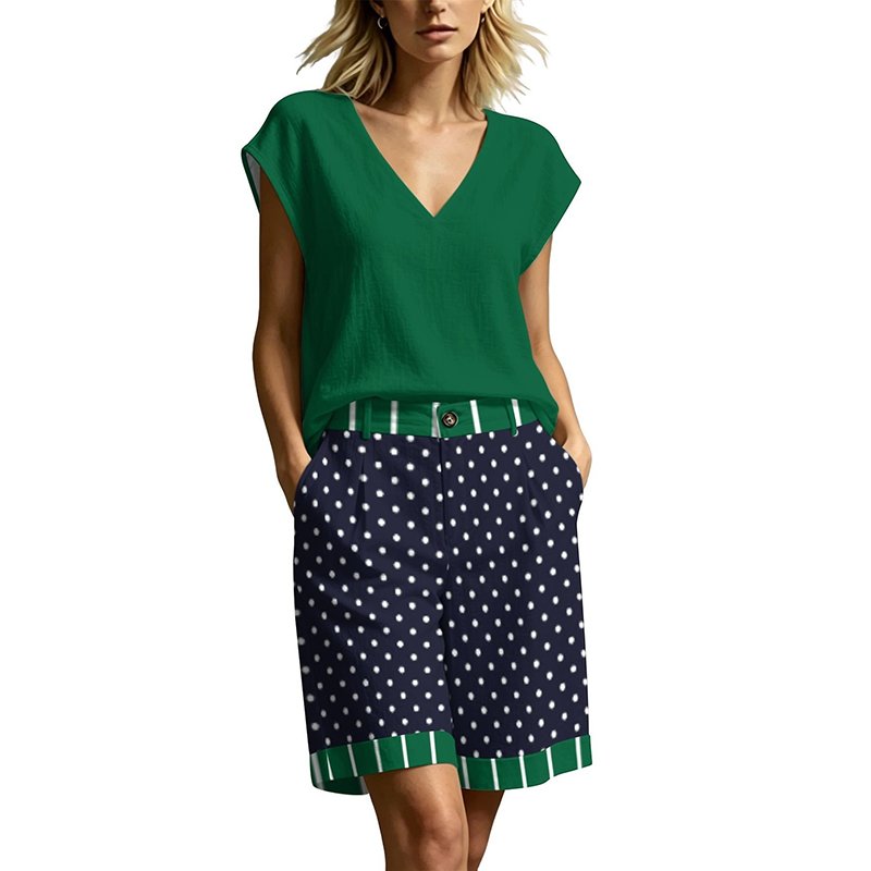Women's Fashion – Matching Sets TLN73 – Women's V-Neck Short-Sleeve & Five-Inch Suit Shorts Set (With Pockets) 