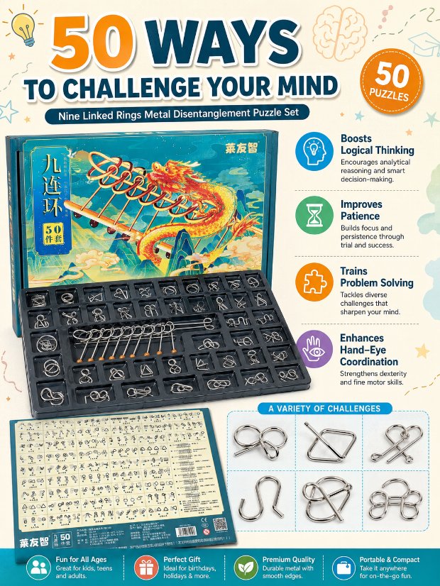 Nine Linked Rings （China Ring） 50-Piece Gift Set of Chinese Ring Puzzle Brain Teasers