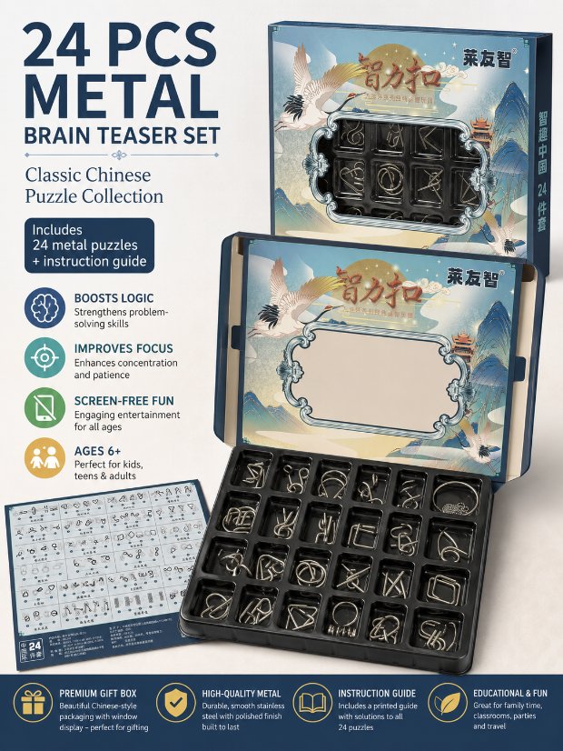 Puzzle Lock 24-Piece Metal Brain Teaser Puzzle Set Gift Box