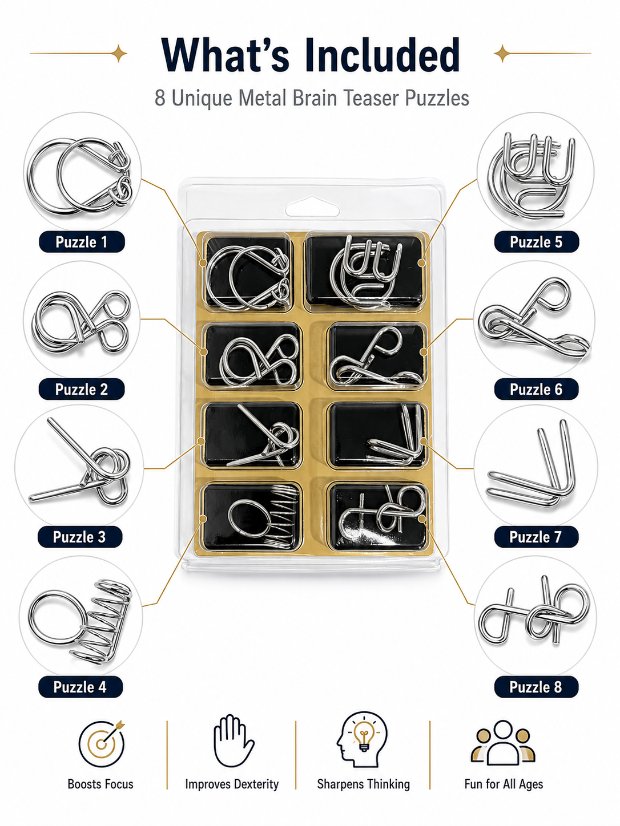 Puzzle Lock 8-Piece Set A of Brain Teaser Metal Puzzles with Blister Pack